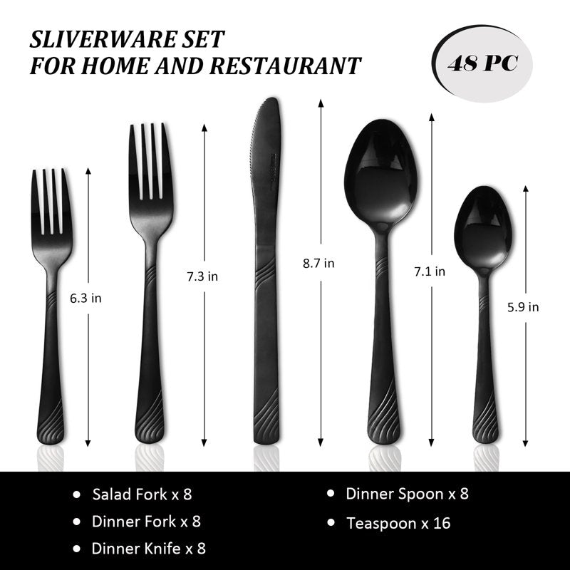 48-Piece Stainless Steel Flatware Set - Black Swirl Design