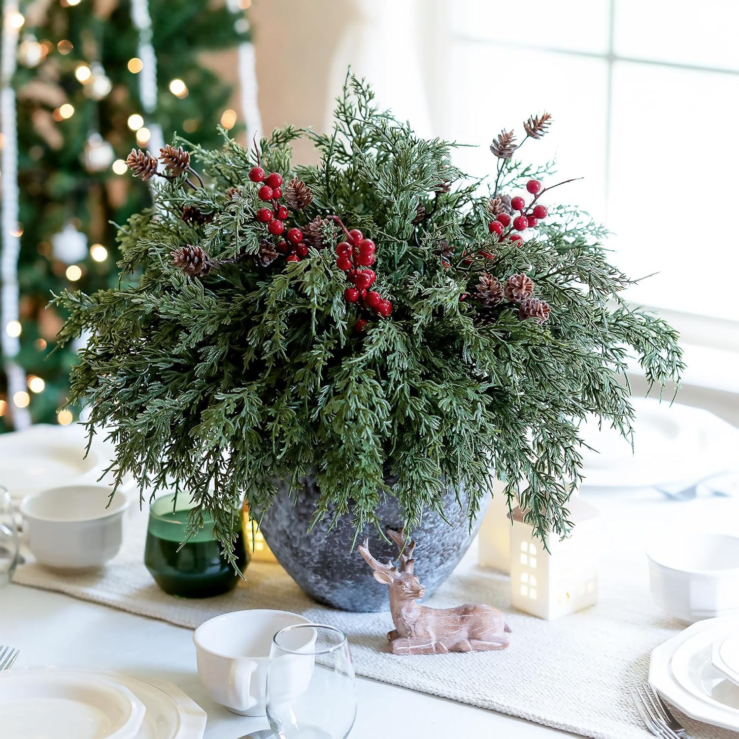 Norfolk Pine Faux Cedar Stems - 17 PCS Realistic Greenery with Pinecones & Red Berries for Christmas Decor
