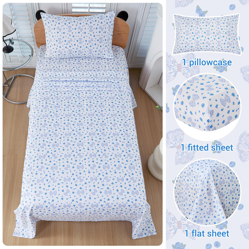 Viviland 3 Pieces Girls Blueberry Twin Sheet Set - Soft Microfiber Fitted Flat Sheets & Pillowcase - Blue Bow Blueberry Bedding Sets - for Kids & Toddlers