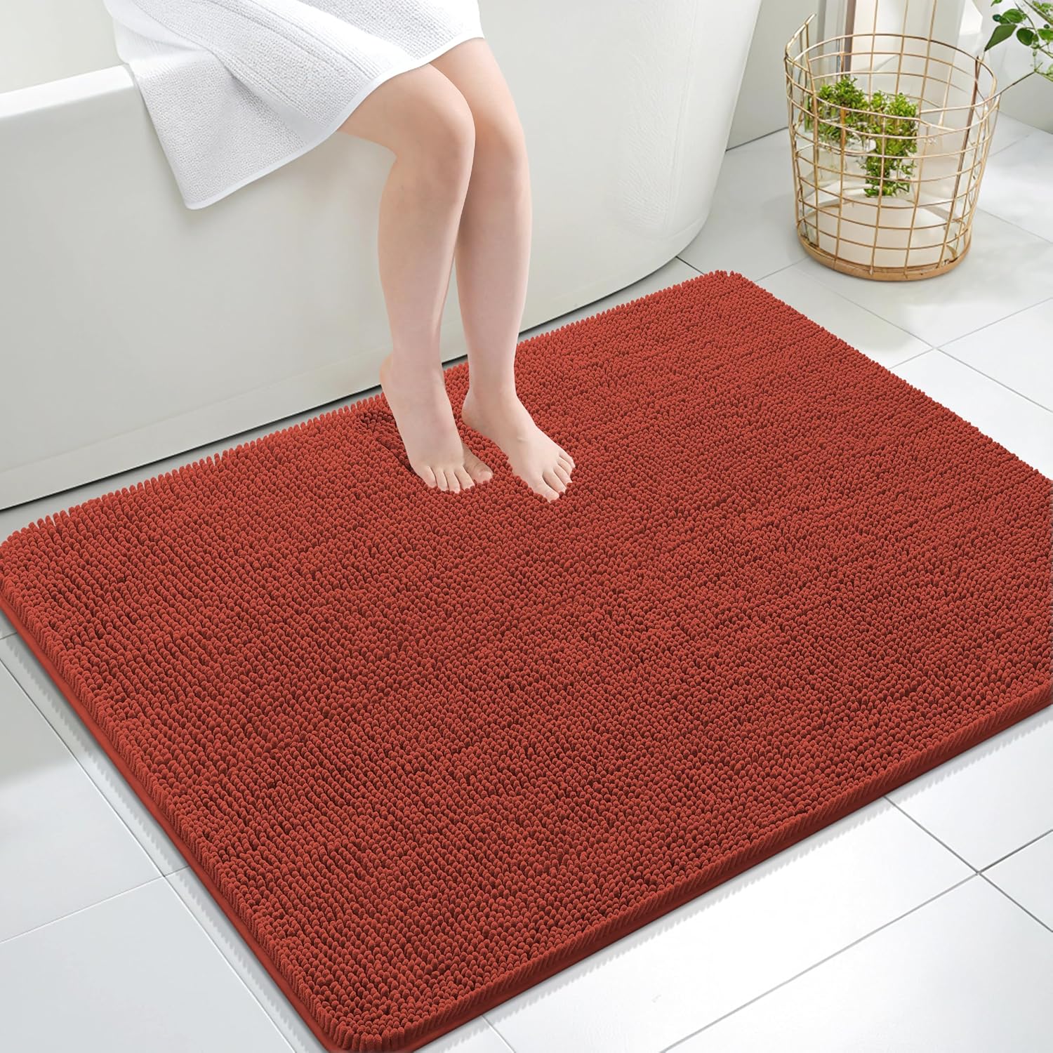 OLANLY Large Chenille Bath Rugs - Soft, Absorbent & Quick-Dry | 40x32 Rustic Terracotta Design