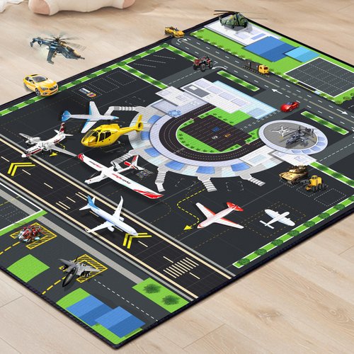 Isyorefam Play Rug for Kids Playroom, 3x4 Airport Carpet with City Road Traffic System and Aircraft Runway, Airport Playmat Airplane Rugs Non-Slip Washable Area Mat for Boys Bedroom