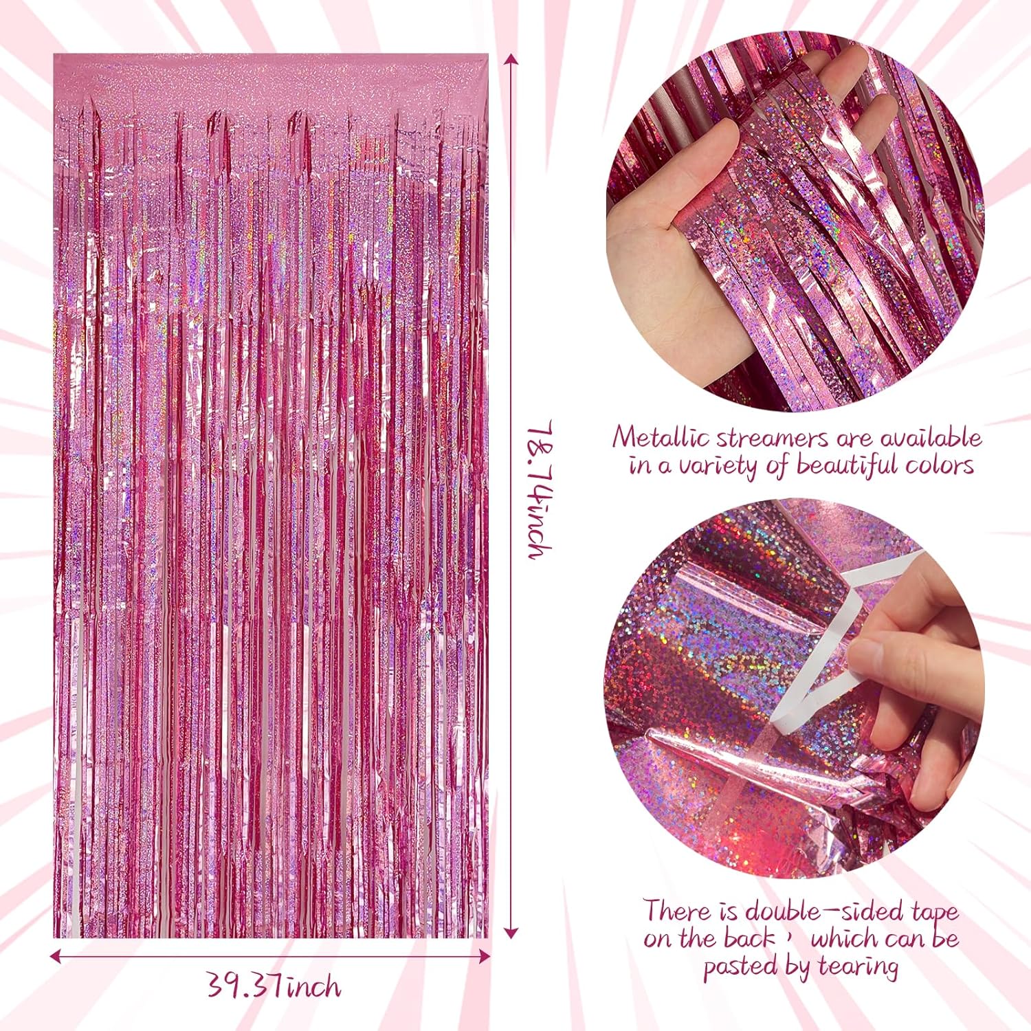Skiennix Tinsel Curtain | Pink Glitter Foil Fringe Backdrop | 10-Pack Party Decorations for Events