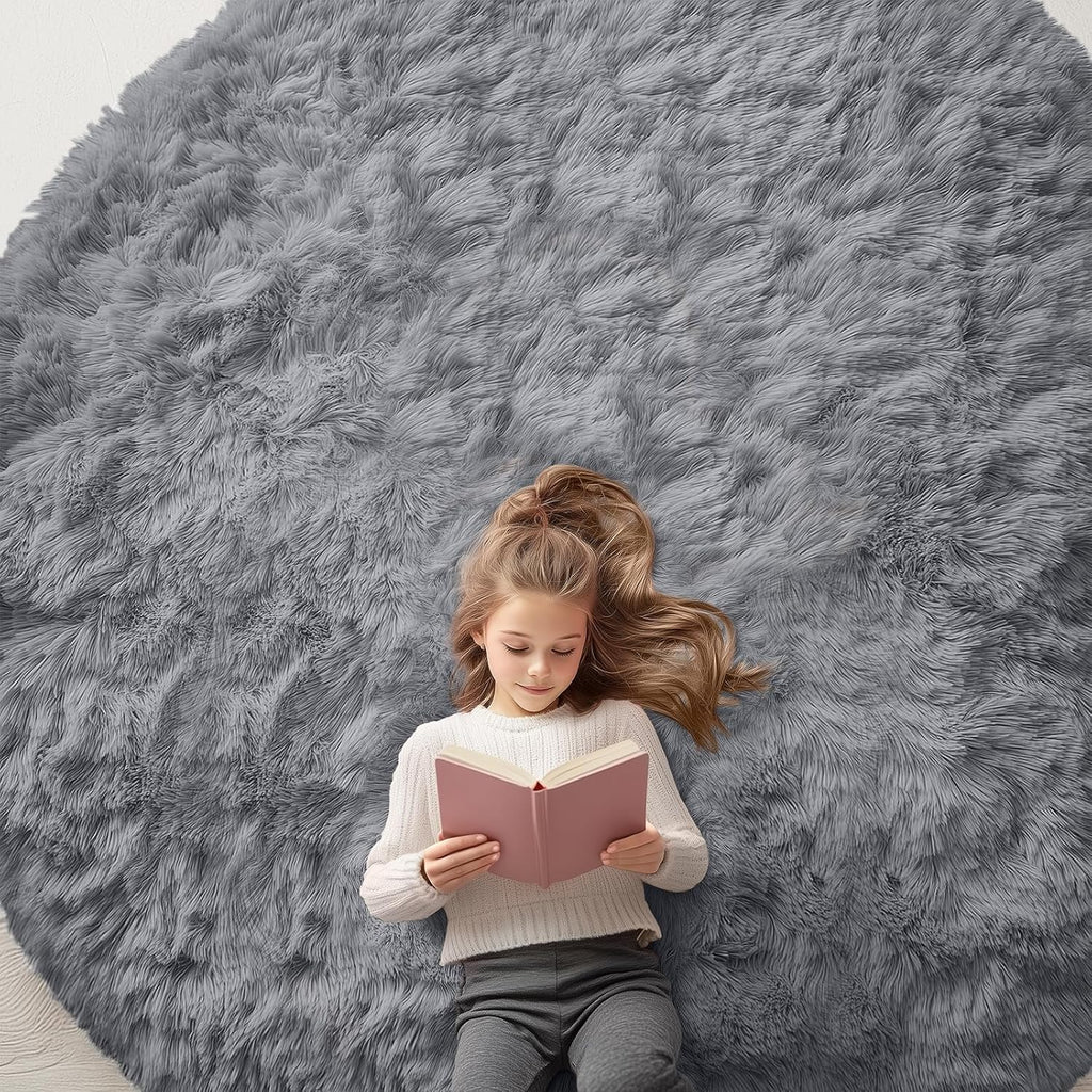 OLANLY Round Light Grey Area Rug - Soft, Fluffy, Machine Washable 8 ft Circle Carpet for Bedroom & Living Room