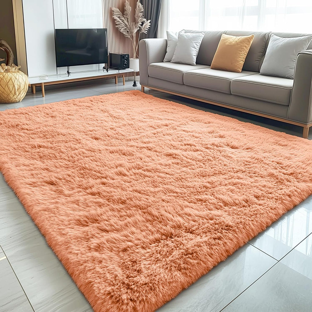 OLANLY Large 5x7 Machine Washable Area Rug - Soft Fluffy Shaggy Carpet in Muted Orange for Living Room & Bedroom