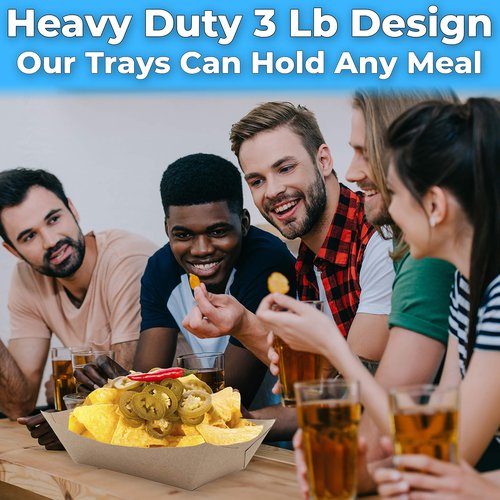 Eco Friendly USA-Made 3lb Food Holder Trays 250 Pk. Compostable Kraft Paper Container for Diners, Concession Stands or Camping. Best Sturdy 3 Lb Disposable Party Snack Boat for Nachos Tacos or BBQ.