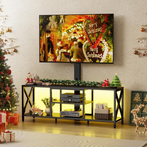 Flycity TV Stand with Mount and LED Lights, Universal TV Stand Mount for 32-75 inch TV, Entertainment Center with Storage, Metal TV Console Table Height Adjustable TV Stands for Living Room, Black