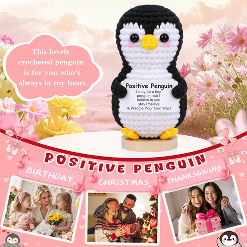 JoycuFF Mini Positive Crochet Penguin, Funny Graduation Birthday Gifts for Women Men Friend Daughter Coworker, Valentines Day Emotional Cute Penguin Present