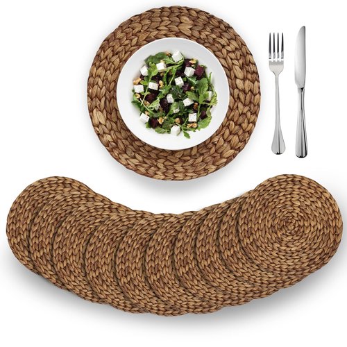 BARIEN Brown Woven Placemats Round Set of 10, Natural Water Hyacinth Weave Placemat for Dining Table, Large Handmade Woven Placemats Heat Resistant Non-Slip (14")