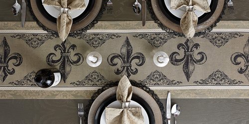 DII French Style Tabletop Kitchen Collection, Table Runner, 14x72, Fleur de Lis Stripe