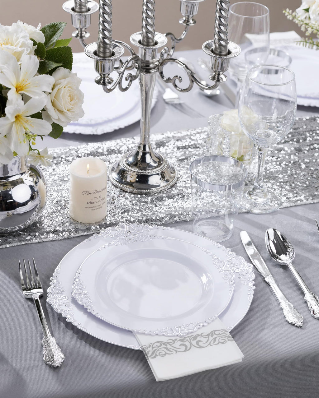 Nervure 350PCS Silver Plastic Dinnerware - White and Silver Disposable Plates for 50 Guests - 100 Disposable Plates, 150 Plastic Silverware, 50 Cups, 50 Napkins for Wedding & Party