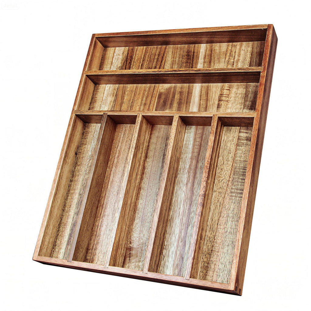 KITEISCAT Acacia Wood Silverware Organizer, Kitchen Utensil Drawer Organizer for Forks & Spoons, 7-Compartment Cutlery Tray, Flatware Holder