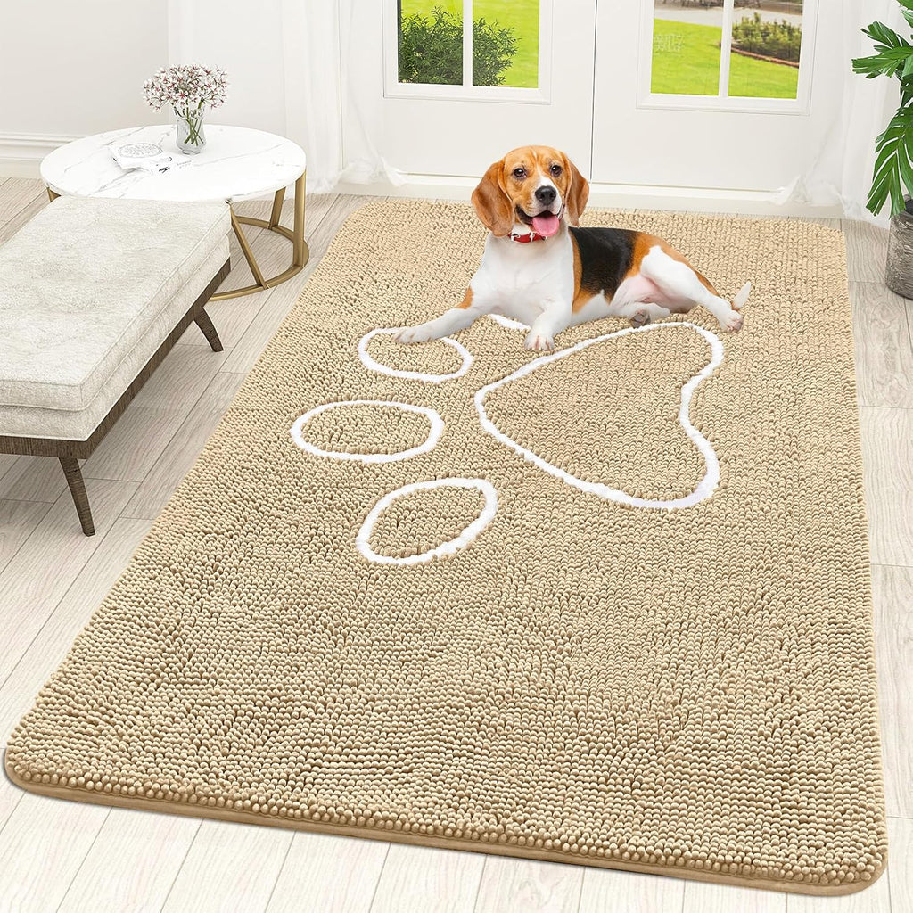 OLANLY Dog Door Mat - Absorbent Non-Slip Muddy Paws Doormat | Quick Dry Chenille, 70x46, Beige