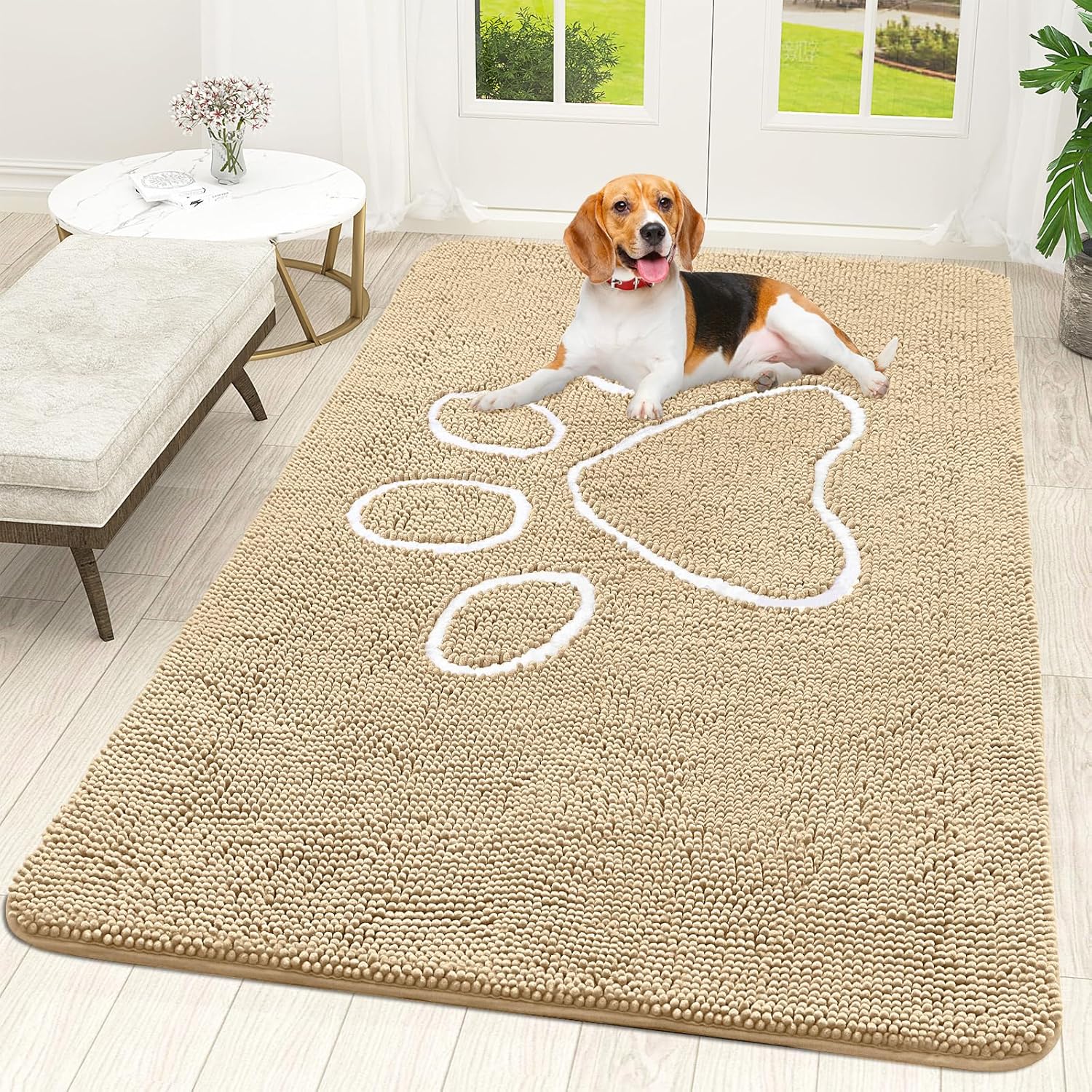 OLANLY Dog Door Mat - Absorbent Non-Slip Muddy Paws Doormat | Quick Dry Chenille, 70x46, Beige