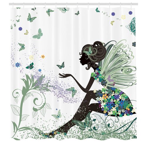 Ambesonne Fantasy Shower Curtain, Spring Girl Wings in a Floral Dress Surreal Garden Butterflies Print, Cloth Fabric Bathroom Decor Set with Hooks, 69" W x 70" L, Peacock Green