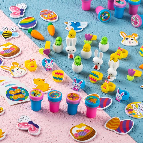 JOYIN 72 Pcs Easter Party Favors Set, 12 Packs Assorted Goody Bags with Rings/Sticker, Foam Stickers, Stampers for Kids Gift, Easter Egg Hunt, Basket Stuffers