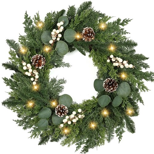 Christmas Wreath with Lights 24 Inch Real Touch Pine Wreath with White Berries/Pine Cone Prelit Christmas Wreaths for Front Door Outdoor Christmas Decorations Winter Wreath for Home Indoor Holiday