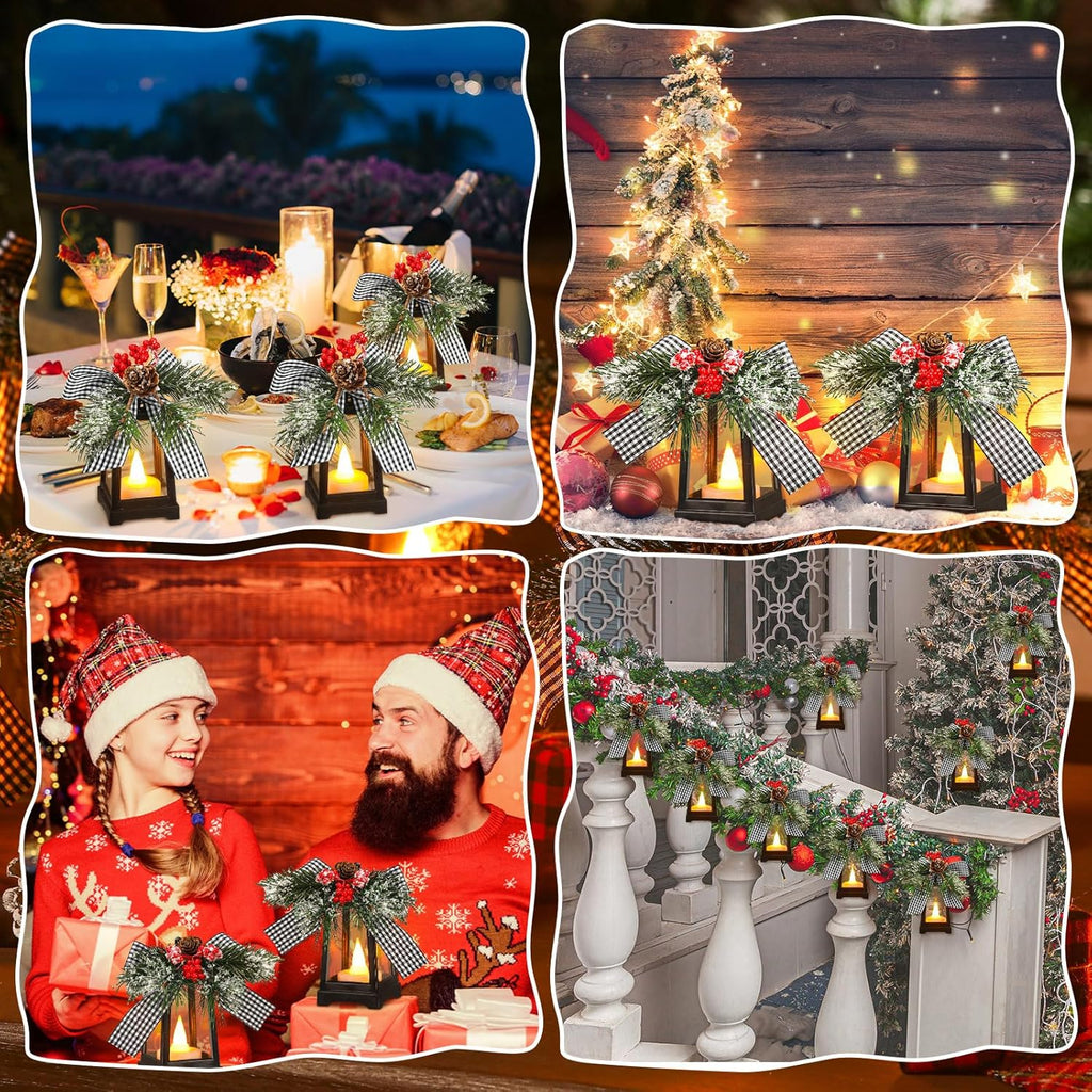 Regine Switzerland Christmas Mini Lanterns - Set of 6 Decorative LED Hanging Lights | Buffalo Plaid Bow, Battery Included