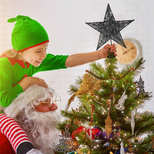 Fovths Christmas Tree Topper 8 Inches Metal Glittered Christmas Tree Topper Wire Star Treetop Sparkle Xmas Decoration for Christmas Tree Ornament Indoor New Year Holiday Party Supplies (Black)