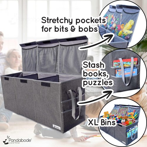 Pandabode Extra Large Toy Box - Big Sturdy Collapsible Chest - Toy Storage Organizer with Pockets - for Living Room or Kids bedroom- 36 x 16 x 12 in - Grey