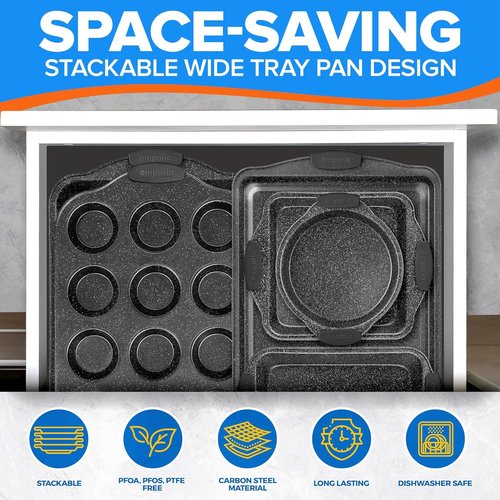 Emporio Kitchen Nonstick Baking Pan Set - Carbon Steel Bakeware with Red Silicone Handles | Oven Safe Up to 450°F, Set of 6