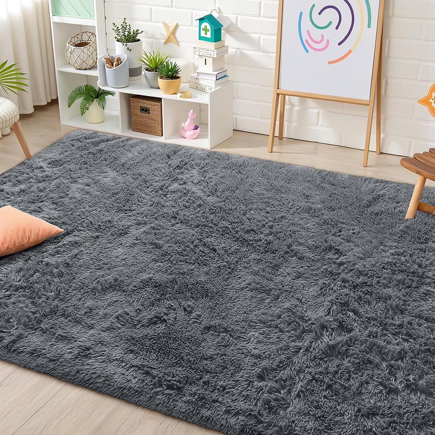 OLANLY Area Rugs - Soft Fluffy Shaggy Indoor Carpet for Living Room & Bedroom | 4x5.9 ft Light Grey