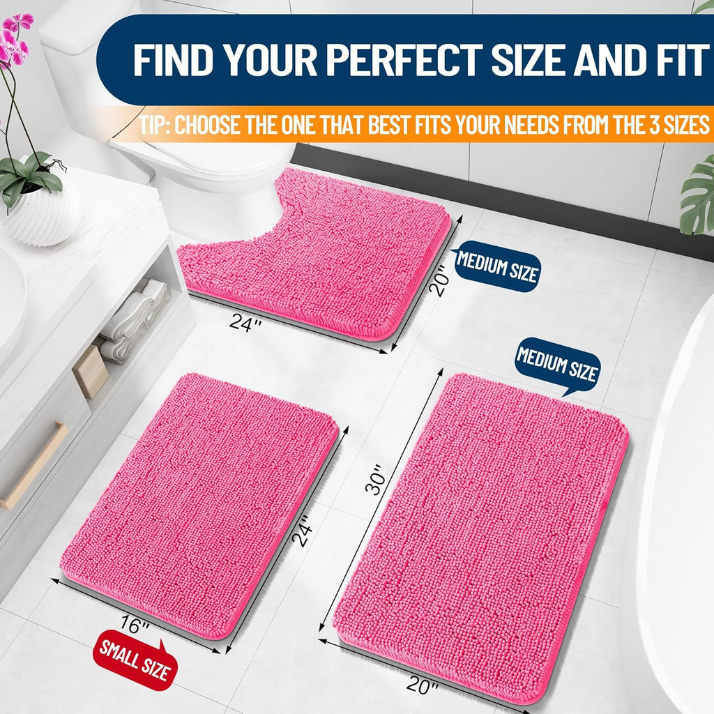 OLANLY Toilet Rugs - U-Shaped 24x20 Extra Soft Chenille Bath Mat | Quick-Dry, Non-Slip, Hot Pink