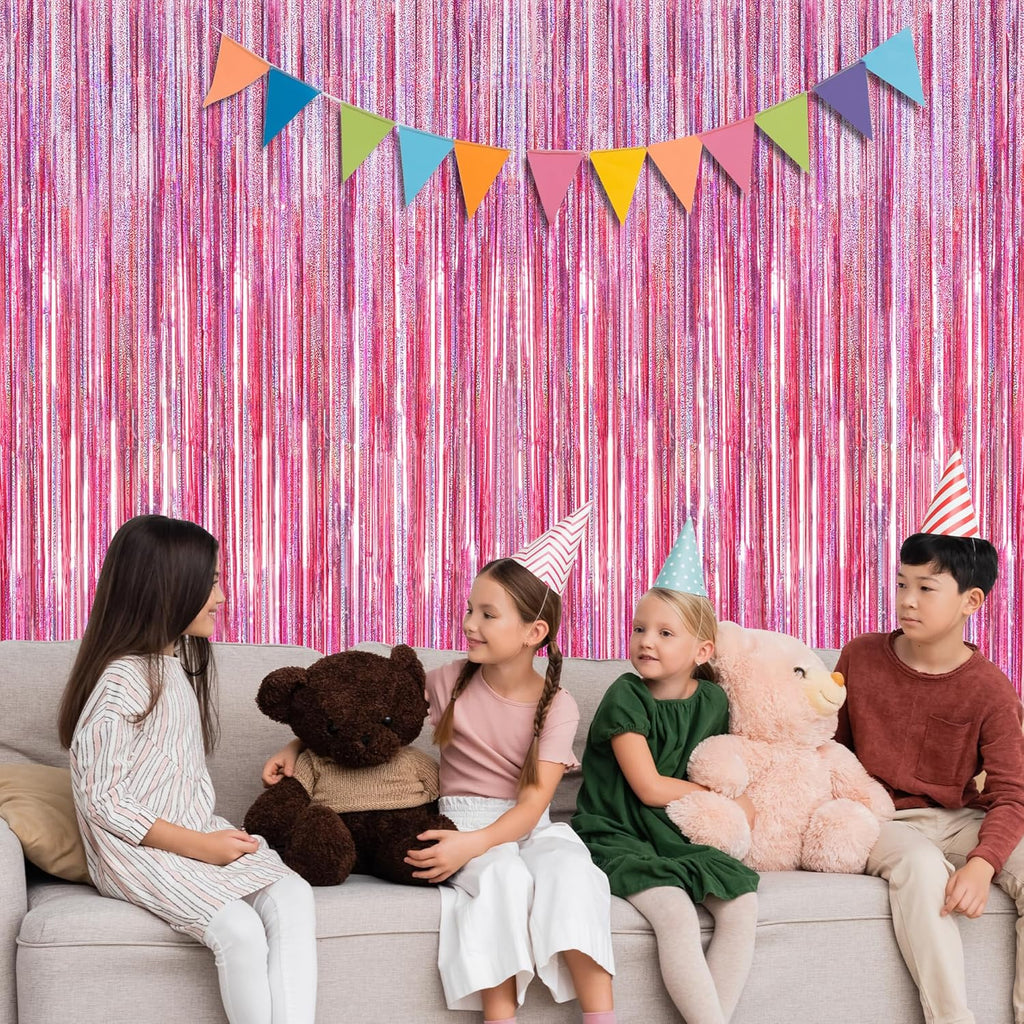 Skiennix Pink Backdrop - 8 Pack Metallic Glitter Fringe Curtains | 3.28 FT x 7.05 FT Party Decor