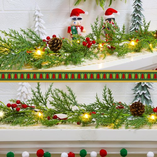Lulu Home 9FT Pre-lit Christmas Garland, 30 LEDs Xmas Lighted Garland with Pinecones Red Berries, Battery Operated Garland with Timer for Fireplace Balcony Railing Fence Decoration