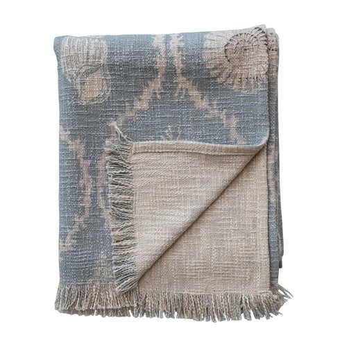 Creative Co-Op Cotton Slub Throw with Coral and Shells Ogee Pattern, Blue and Natural