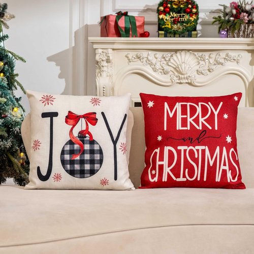 Hongsome Red Christmas Throw Pillow Covers - Set of 4 Joyful Snowflake Design | 18x18 Inches for Holiday Decor