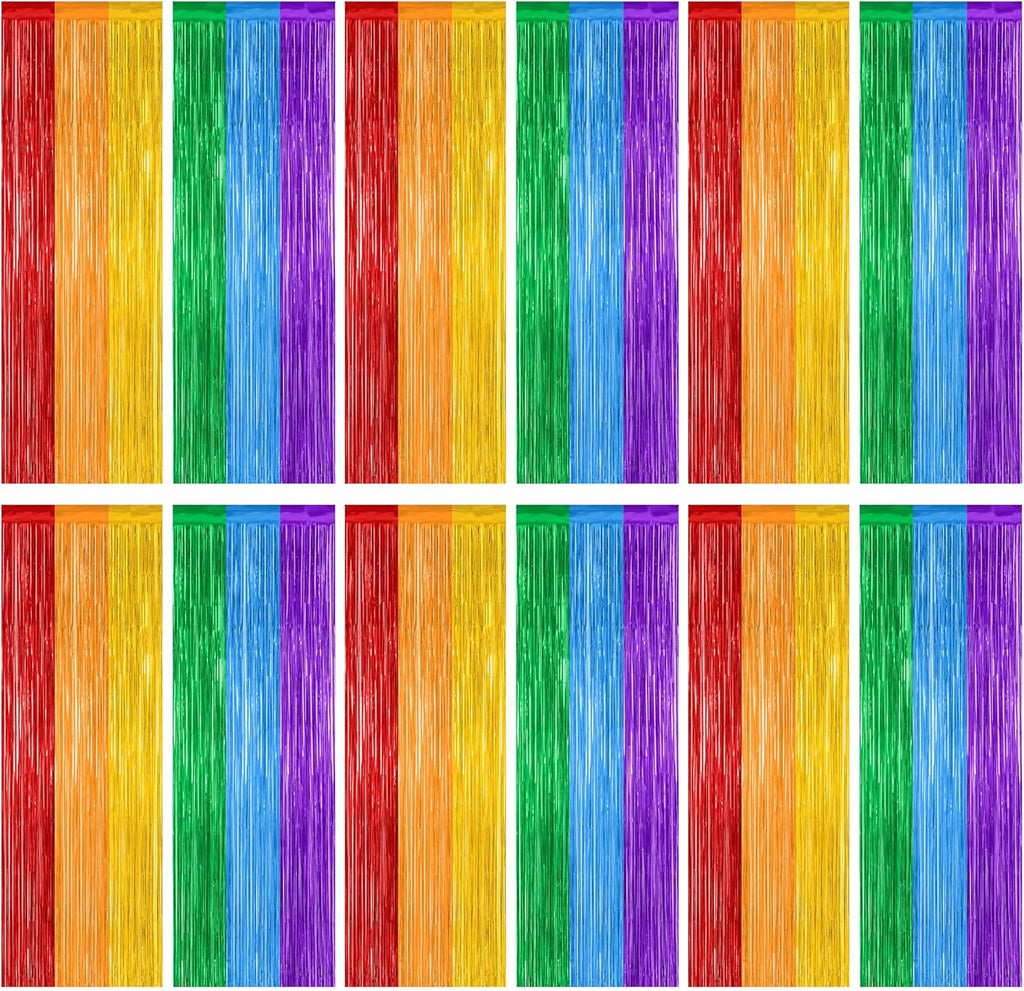 Rainbow Backdrop by [Brand Name] - 12 Pack Metallic Fringe Curtains | 3.28 FT x 7.05 FT Pride Party Decor