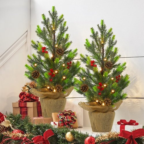Juegoal 24-Inch Lighted Mini Christmas Trees - Battery Operated Pine Trees with Burlap Base for Holiday Decor