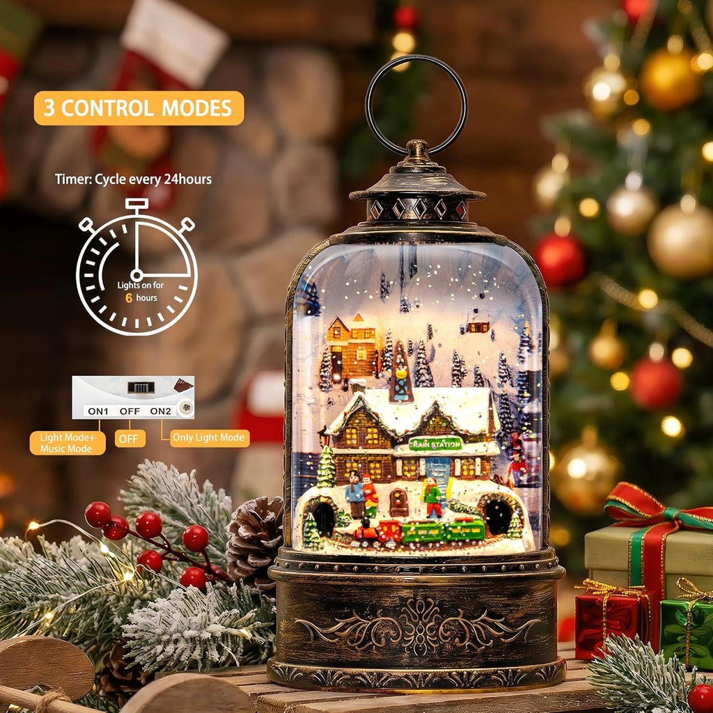 Skiennix Christmas Village Snow Globe - Musical Water Lantern with Train Station Scene | Battery or USB Powered Holiday Decoration for Tabletop Display
