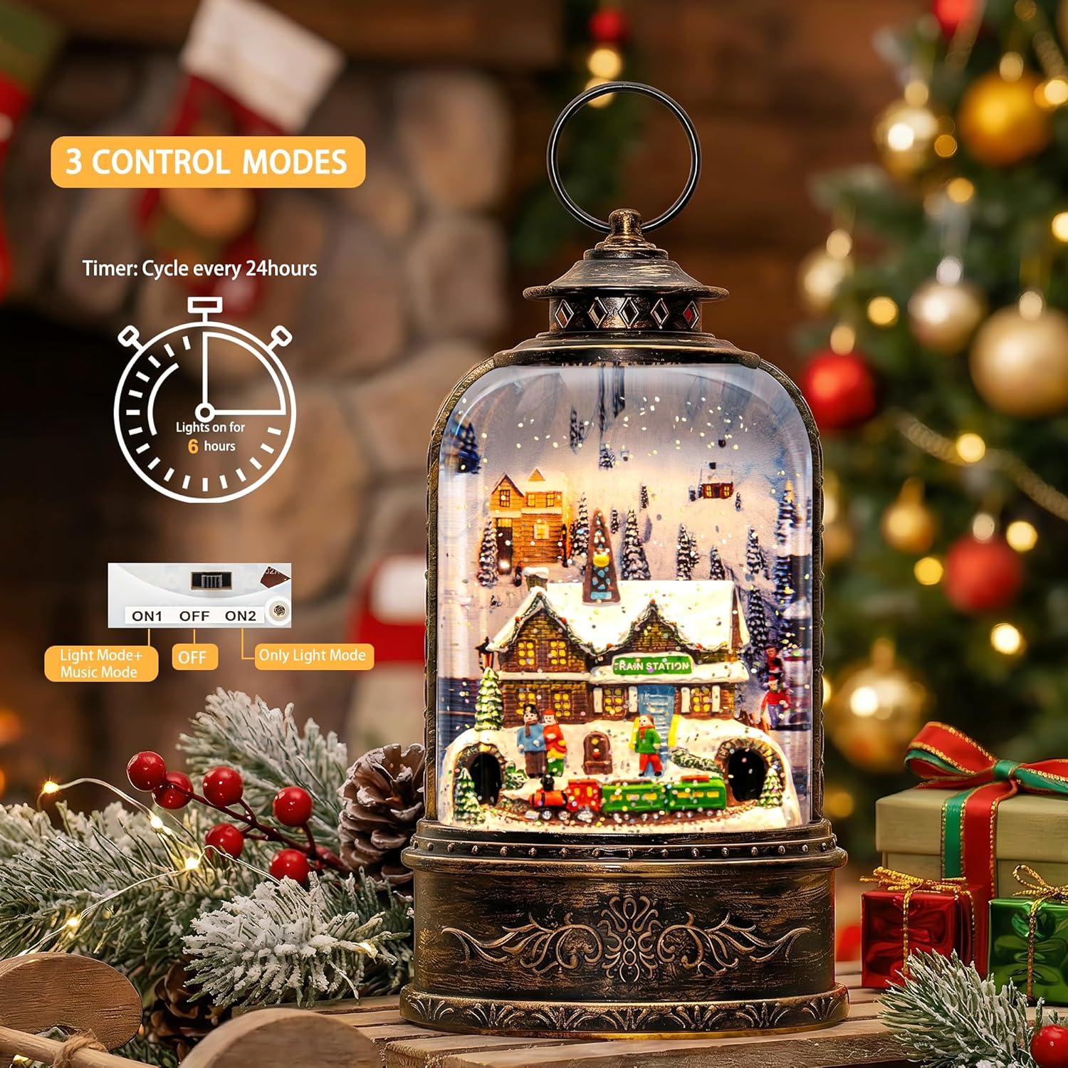 Skiennix Christmas Village Snow Globe - Musical Water Lantern with Train Station Scene | Battery or USB Powered Holiday Decoration for Tabletop Display