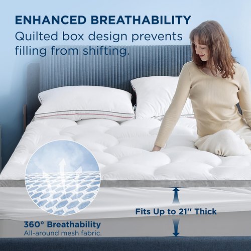 Bedsure Mattress Topper Queen - Pillow Top Queen Mattress Protector with 8-21 Inches Deep Pocket, 800 GSM Extra Thick Waterproof Bed Pad Fitted, Soft Cover Bed for Home, Bedroom, Hotel - White