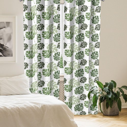 Ambesonne Monstera Window Curtains Pack of 2, Tropical Jungle Foliage Hawaiian Nature Growth Sketchy Leaves Environment Eco, Lightweight Set with Rod Pocket, 4 Panels of - 28" x 84", Green and White