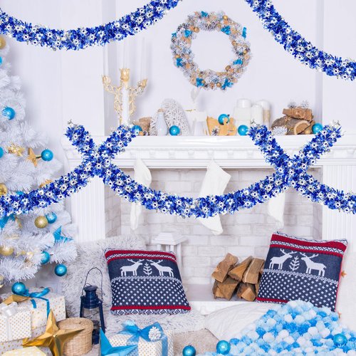 Palonu 50 Feet Hanukkah Decorations Tinsel Garland Glitter Twist Garland Metallic Menorah Ornaments Blue Metallic Streamers with Silver Star, Indoor Outdoor Chanukah Decorations Home Party Supplie