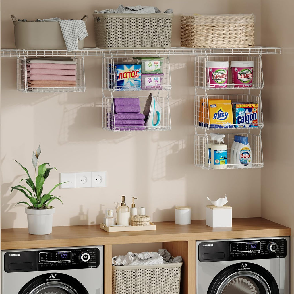 Skiennix 3-Tier Laundry Basket Organizer - Foldable Wire Shelf with 360° Rotating Hooks | Space-Saving White Design
