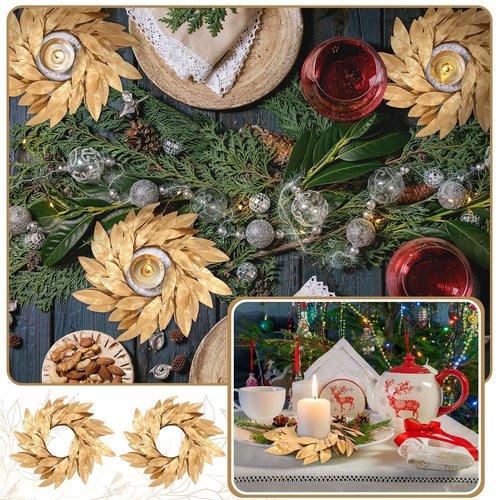 Domensi 2 Pcs Christmas Artificial Gold Bay Leaf Candle Rings Gold Bayleaf Candleholders Wreath for Pillar Candles 3.9 Inch Candles Holder for Christmas Rustic Table Centerpiece Decor