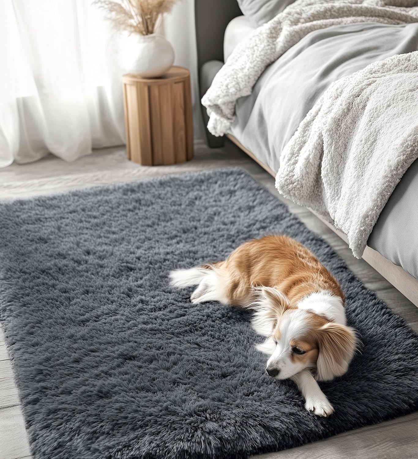 OLANLY 4x4 Soft Fluffy Shaggy Accent Rug - Machine Washable Indoor Carpet for Bedroom & Nursery | Grey