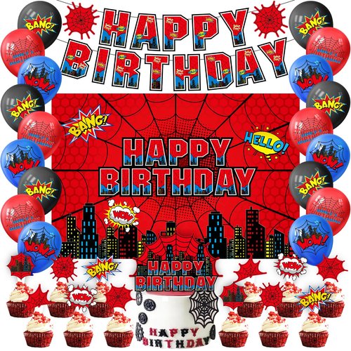 Spider Web Birthday Party Supplies, Spider Theme Party Decorations Including Birthday Banner, Backdrop, Balloons, Cupcake Toppers