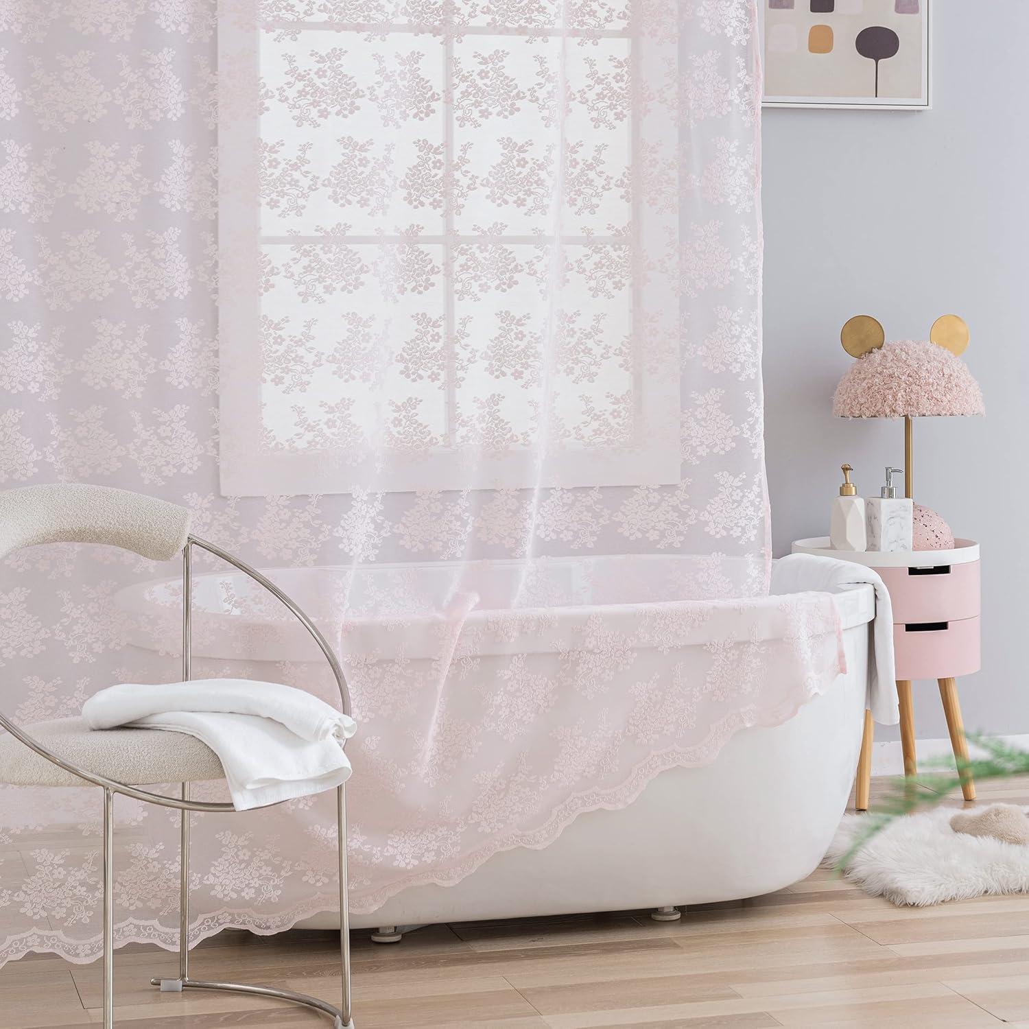 TUDECO Pink Shower Curtain - Shabby Chic Lace Design with Sheer Valance | Vintage Floral Aesthetic, 72 x 72 Inch