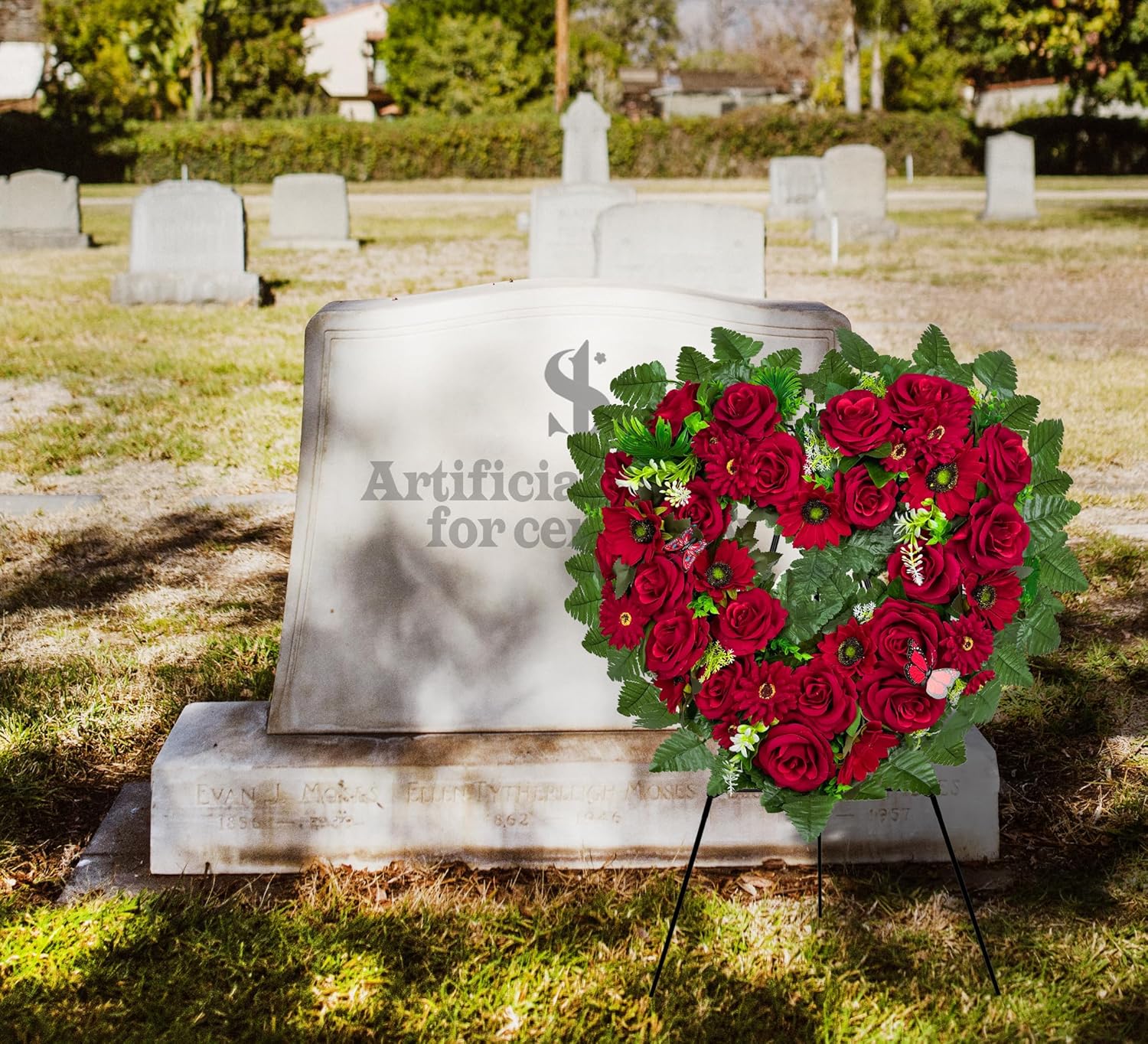 Regine Switzerland Cemetery Wreath - Heart-Shaped Remembrance Floral with 30-Inch Easel Stand | Red Rose