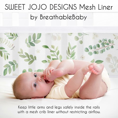 Sweet Jojo Designs + BreathableBaby 2-Piece Breathable Mesh Crib Liner Set (Green Boho Floral Leaf) for Boys/Girls, Baby, Infants/Newborn Nursery (Sage, Bohemian, Watercolor, Botanical, Woodland)