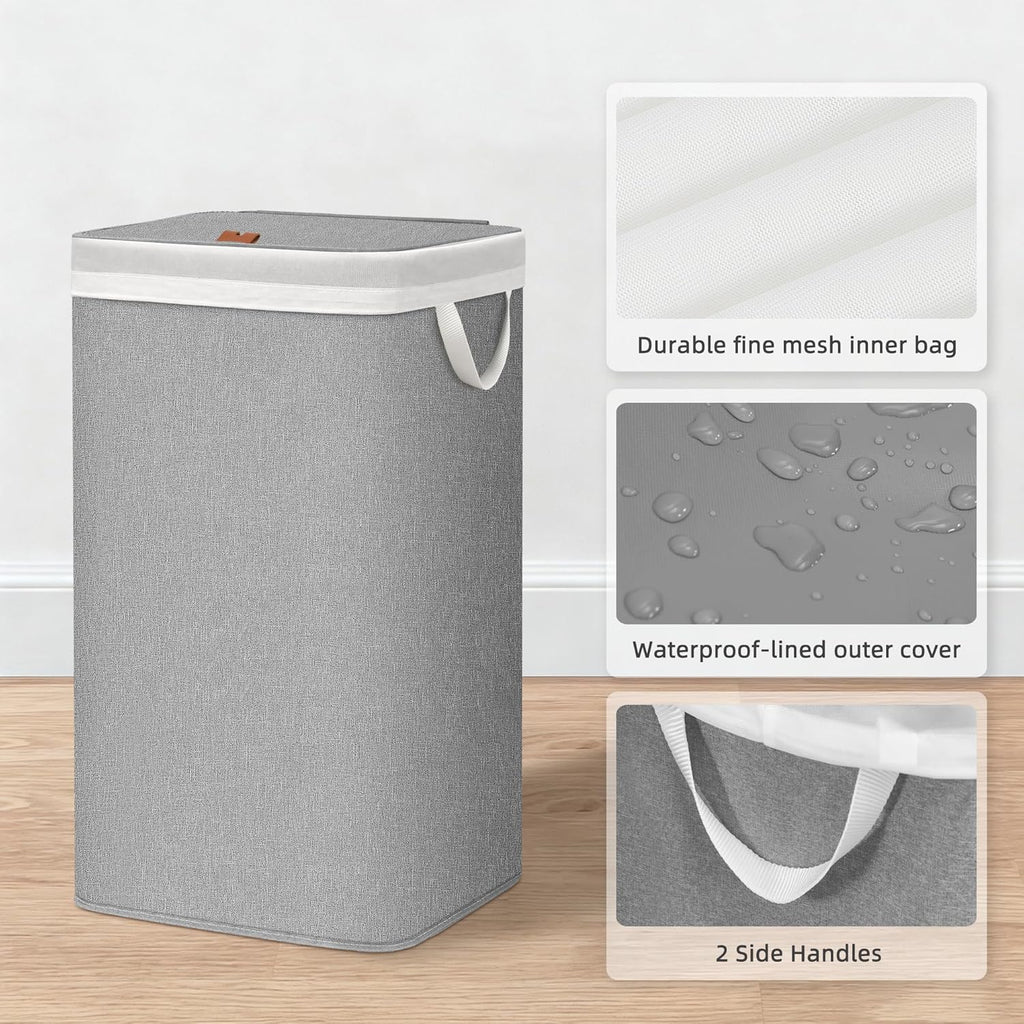 Storage Maniac Metal Frame Laundry Hamper - 90L Tall Basket with Lid & Removable Bag | Gray