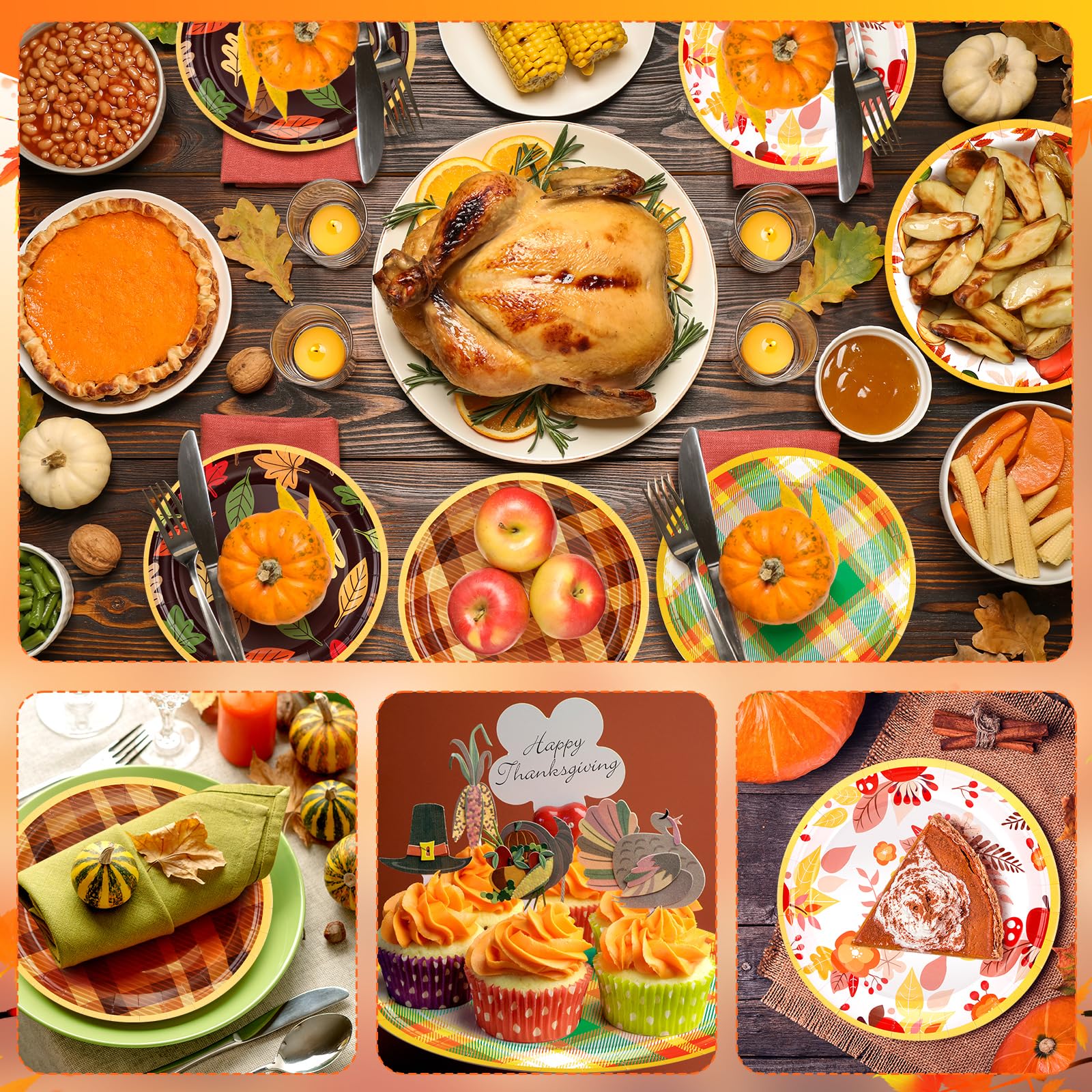 Uiifan 120 Pcs Fall Pumpkin Paper Plates Thanksgiving Dinnerware Set Maple Leaf Dessert Plates Disposable Autumn Harvest Round Dishes for Halloween Birthday Party Decoration, 6 Styles(7 Inch)