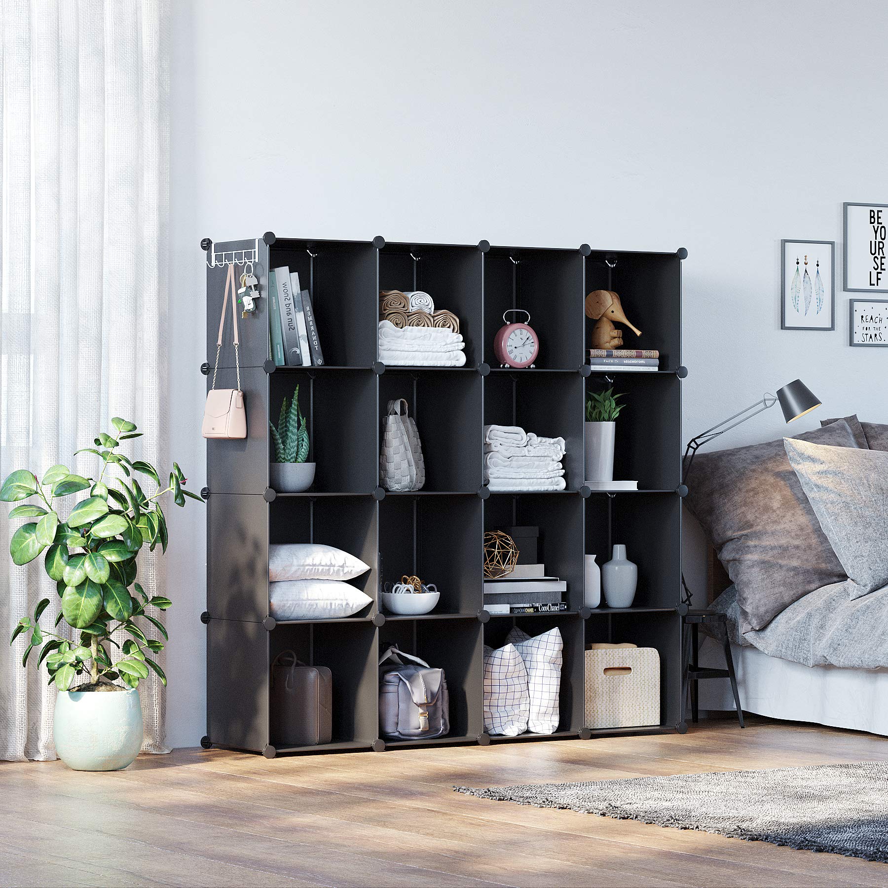 C&AHOME Cube Storage Organizer, 16-Cube Shelves Units, Plastic Storage Cubes, DIY Closet Organizer, Modular Closet Storage Shelves Ideal for Home, Bedroom, 48.4" L × 12.4" W × 48.4" H Black SUM3016H