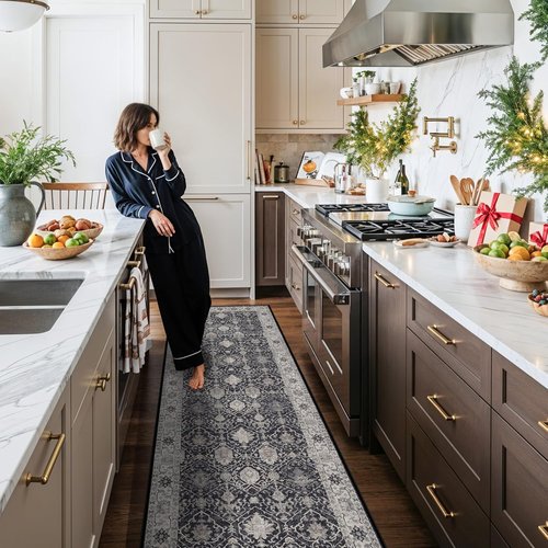 Hallway Washable Runner Rug - Vintage Non-Slip 3x10 Soft Floor Mat for Kitchen, Entryway & Living Room | Black