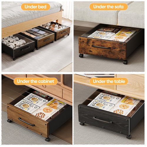 KITHELP Wooden Under Bed Storage with Wheels, Rolling Under the Bed Storage Bins with Removable Lid, Metal Under Bed Drawers for Clothes and Shoes in Bedroom or Living Room(Walnut Brown-2pack)