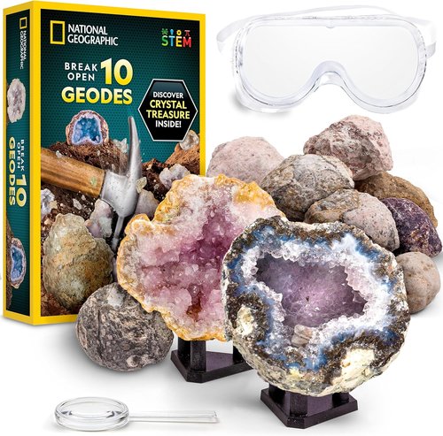 National Geographic Break Open 10 Premium Geodes - STEM Science Kit with Goggles & Display Stands for Kids